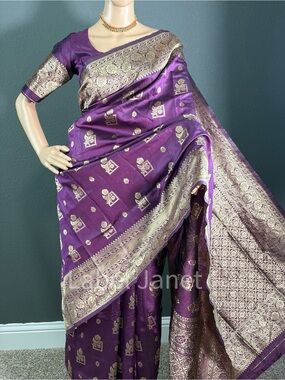 Purple & Gold Banarasi Silk Saree & stitched blouse (Brand New)